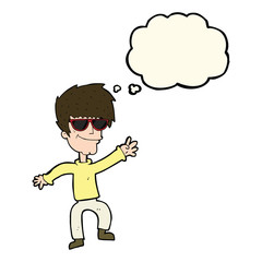 cartoon waving cool guy with thought bubble