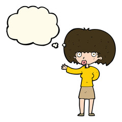 cartoon woman gesturing with thought bubble