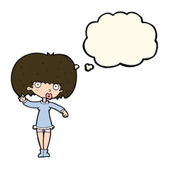 cartoon waving girl with thought bubble