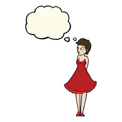 cartoon pretty woman in dress with thought bubble