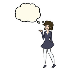 cartoon pretty woman in dress with thought bubble
