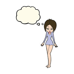 cartoon woman in short dress with thought bubble