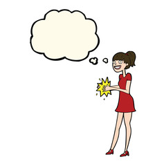 cartoon woman clapping hands with thought bubble