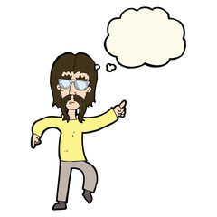 cartoon hippie man wearing glasses with thought bubble