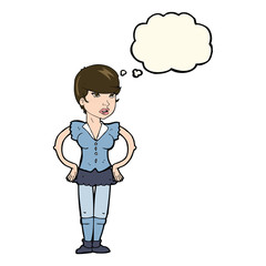 cartoon woman with hands on hips with thought bubble