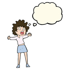 cartoon frightened woman with thought bubble
