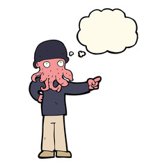 cartoon alien monster man with thought bubble