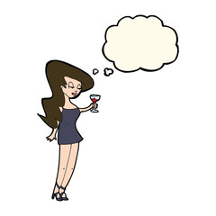 cartoon woman at party with thought bubble