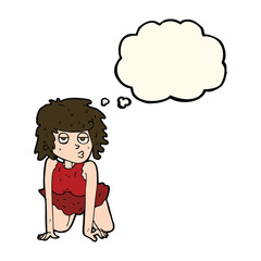 cartoon woman doing pin-up pose with thought bubble