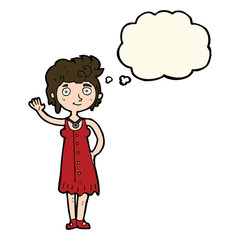 cartoon hippie woman waving with thought bubble