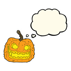 cartoon spooky pumpkin with thought bubble