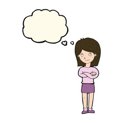 cartoon friendly girl rolling eyes with thought bubble