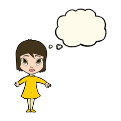 cartoon girl in dress with thought bubble