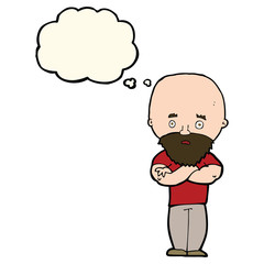 cartoon shocked bald man with beard with thought bubble