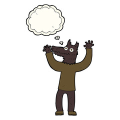 cartoon wolf man with thought bubble
