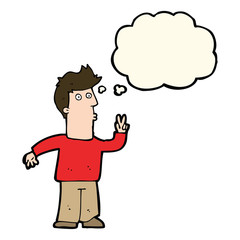 cartoon man giving peace sign with thought bubble