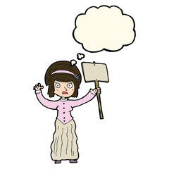 cartoon vicorian woman protesting with thought bubble