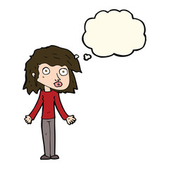 cartoon girl shrugging shoulders with thought bubble