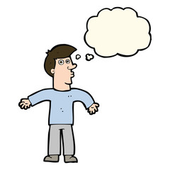cartoon man shrugging shoulders with thought bubble