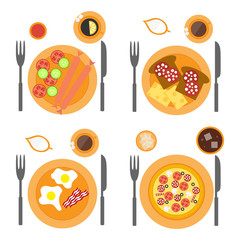 Breakfast icons flat set with four options of food -  sausages, omelette, pizza and toasts.