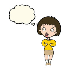 cartoon woman making Who Me? gesture with thought bubble