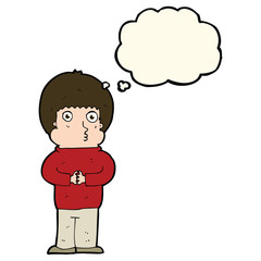 cartoon shy boy with thought bubble
