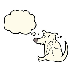 cartoon dog scratching with thought bubble