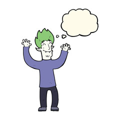 cartoon happy vampire man with thought bubble