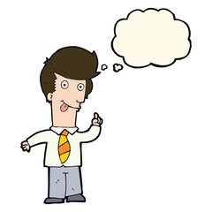 cartoon office man with crazy idea with thought bubble