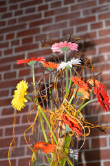 flowers in a vase against a wall