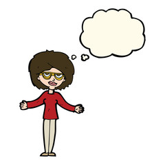 cartoon woman wearing spectacles with thought bubble