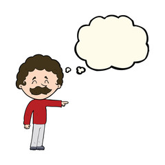 cartoon man with mustache pointing with thought bubble