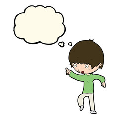 cartoon worried boy pointing with thought bubble
