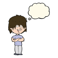 cartoon happy man with thought bubble