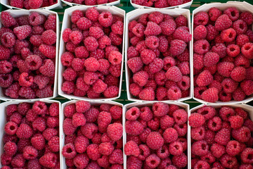 Raspberry in plastic container placed for sale in a fresh market