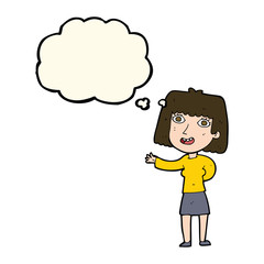 cartoon friendly woman waving with thought bubble