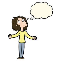 cartoon curious woman looking upwards with thought bubble