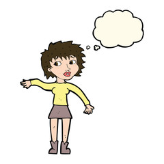 cartoon friendly woman waving with thought bubble