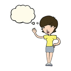cartoon woman waving with thought bubble