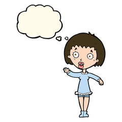 cartoon waving woman with thought bubble