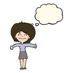 cartoon woman giving thumbs up sign with thought bubble