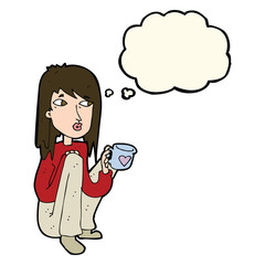 cartoon woman sitting with cup of coffee with thought bubble