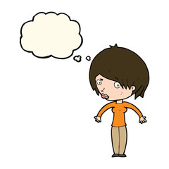 cartoon woman shrugging with thought bubble