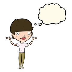 cartoon woman holding arms in air with thought bubble