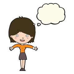 cartoon excited woman with thought bubble