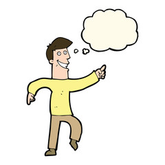 cartoon grinning man with thought bubble