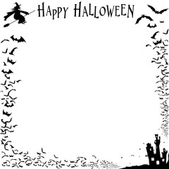 Fototapeta premium Halloween Frame with a flock of bats, a flying witch and a dark castle. black and white, vector illustration.