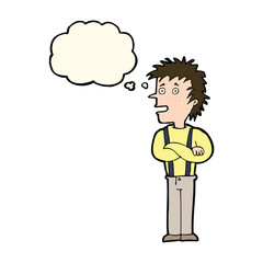 cartoon boy with folded arms with thought bubble