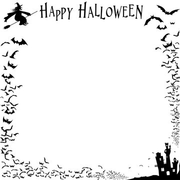 Halloween Frame with a flock of bats, a flying witch and a dark castle. black and white, vector illustration.