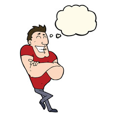 cartoon muscle guy with thought bubble